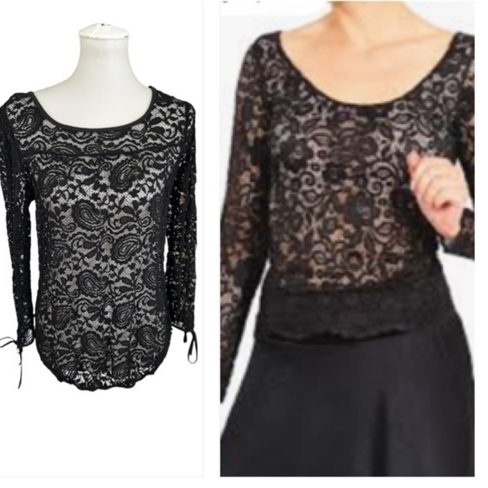 Black lace, long sleeve top with elastic waistband and ties at wrist